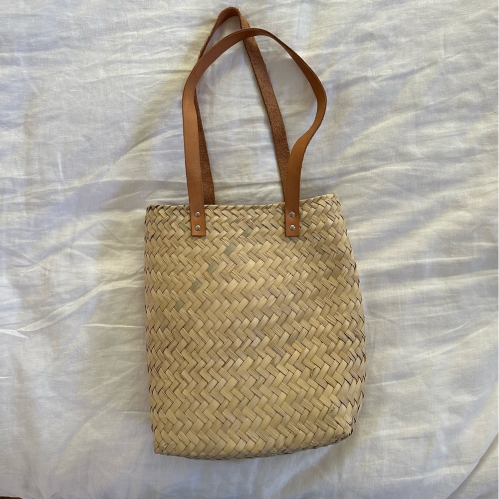 Woven Tote Bag with Leather Handles